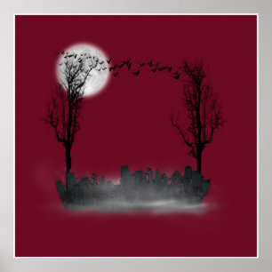 Pôster Halloween Graveyard Scene Silhouette
