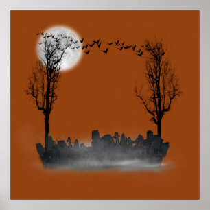 Pôster Halloween Graveyard Scene Silhouette