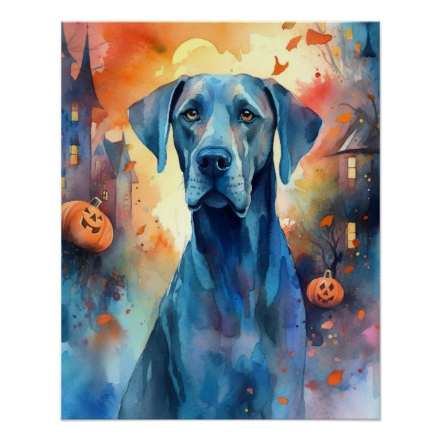 Pôster Halloween Great Dane Com Abóboras Assustador (Frente)