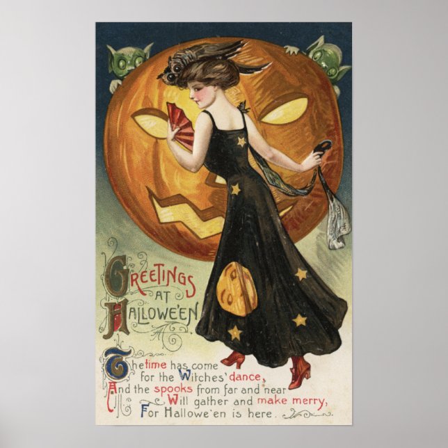 Poster Halloween GreetingWitch Dancing and Pumpkin (Frente)