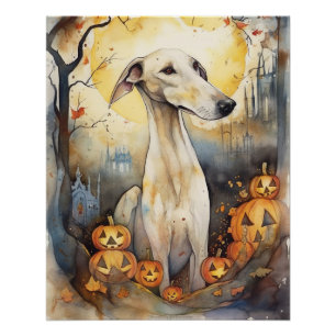 Pôster Halloween Greyhound Com Pumpkins Assustado
