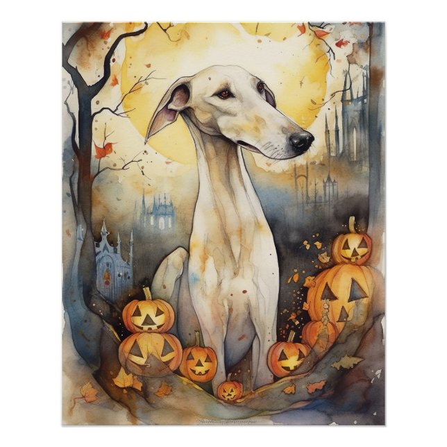 Pôster Halloween Greyhound Com Pumpkins Assustado (Frente)