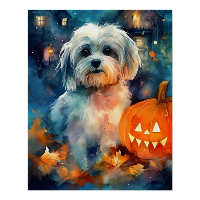 Pôster Halloween Havanese Com Pumpkins Assustado (Frente)