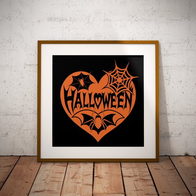 Poster Halloween Heart, Orange Heart Shape, Spider Web (Criador carregado)