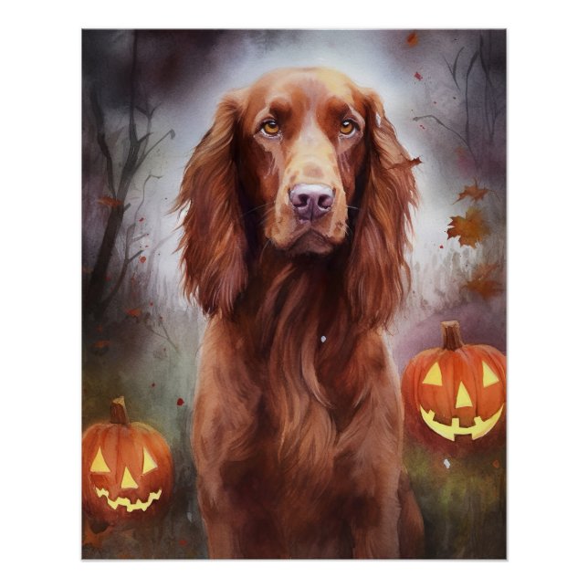 Pôster Halloween Irish Red Setter Com Abóboras Assustador (Frente)