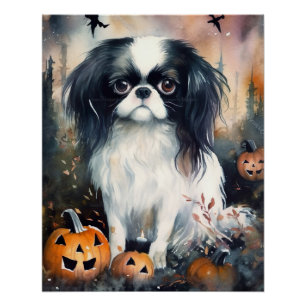 Pôster Halloween Japanese Chin Com Abóboras Assustador