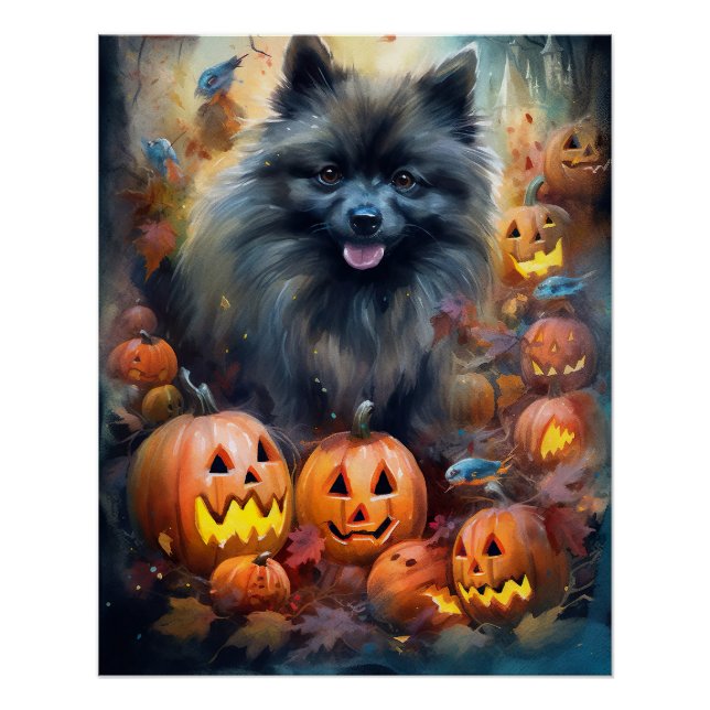 Pôster Halloween Keeshond Com Pumpkins Assustado (Frente)