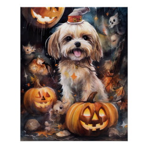 Pôster Halloween Lhasa Apso Com Pumpkins Assustado