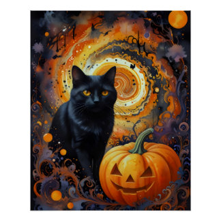 Pôster Halloween Night Magic - Cat & Pumpkin
