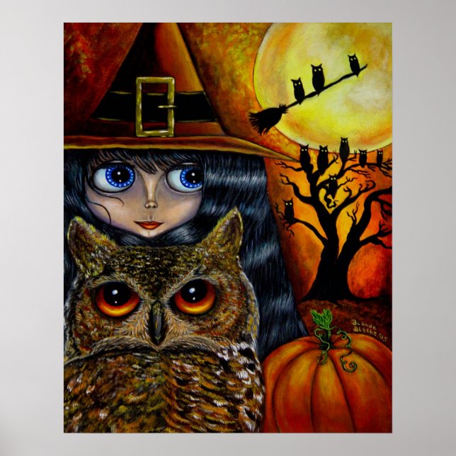 Poster Halloween Owl Witch Pumpkins Big Eyes Doll Art (Frente)