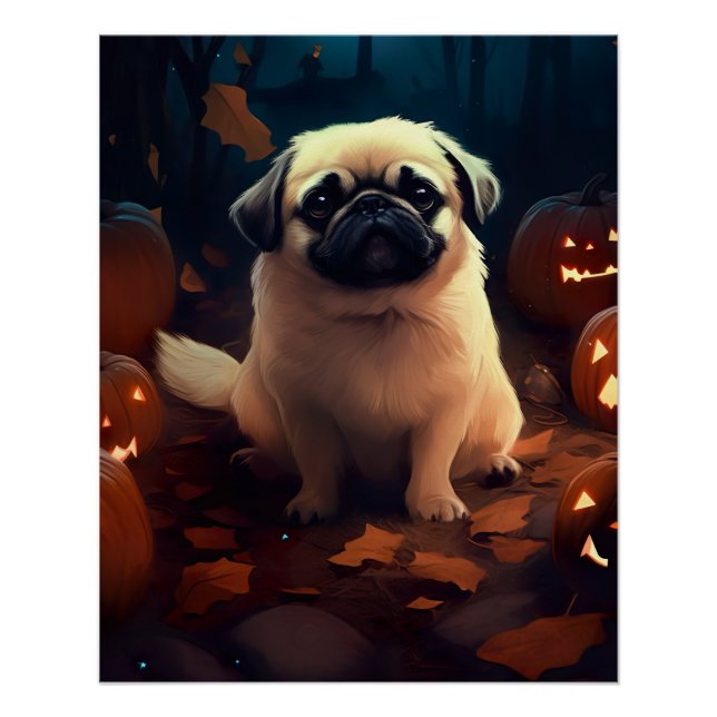 Pôster Halloween Pekingese Com Pumpkins Assustado (Frente)