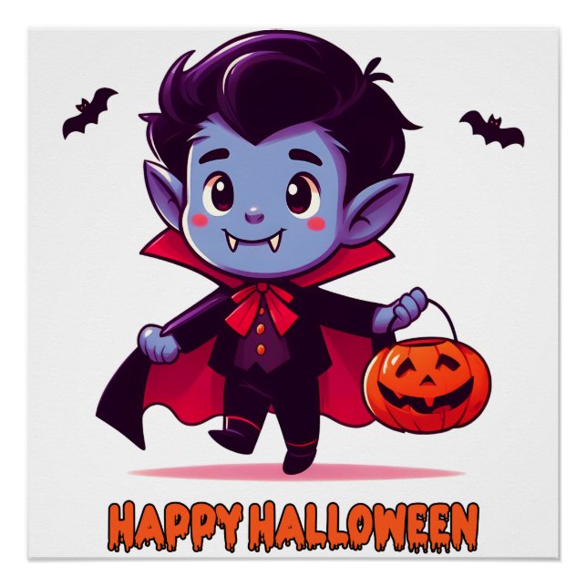 Pôster Halloween - Petit Vampire et citrouille (Frente)