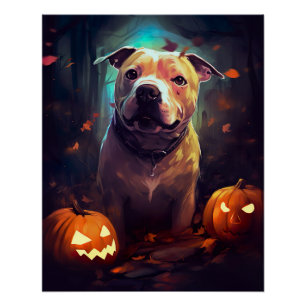 Pôster Halloween Pitbull Com Pumpkins Assustado