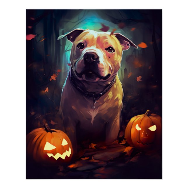Pôster Halloween Pitbull Com Pumpkins Assustado (Frente)
