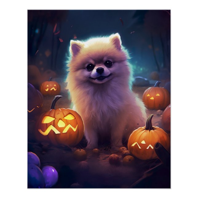 Pôster Halloween Pomeranian Com Pumpkins Assustado (Frente)