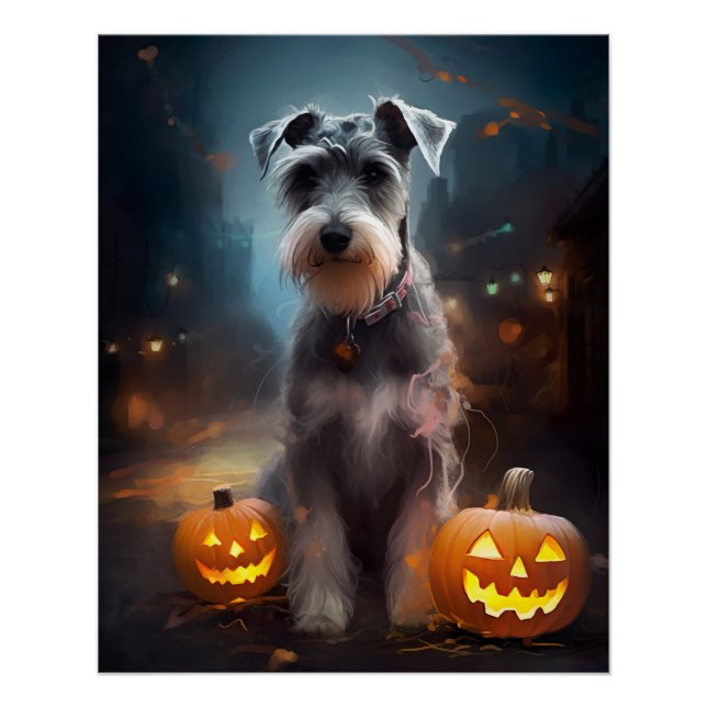 Pôster Halloween Schnauzer Com Pumpkins Assustado (Frente)