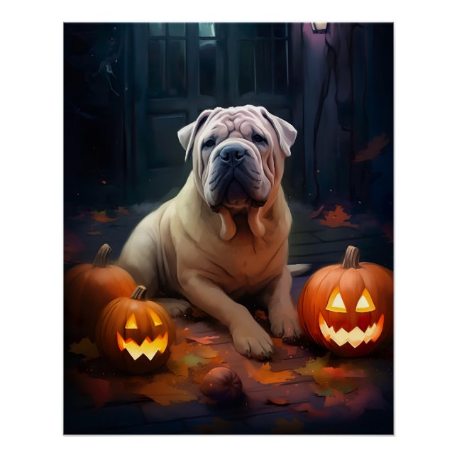 Pôster Halloween Shar Pei Com Pumpkins Assustado (Frente)