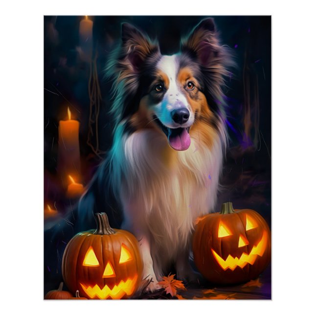 Pôster Halloween Shetland Sheepdog Com Pumpkins Assustado (Frente)