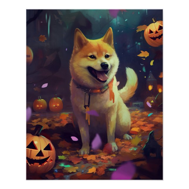 Pôster Halloween Shiba Inu Com Pumpkins Assustado (Frente)