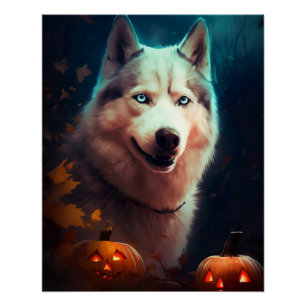 Pôster Halloween Siberian Husky Com Abóboras Assustador