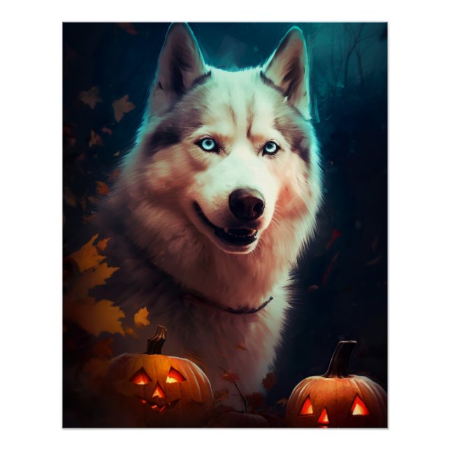 Pôster Halloween Siberian Husky Com Abóboras Assustador  (Frente)