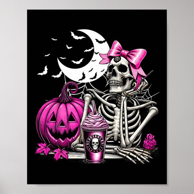 Poster Halloween Skeleton Bebendo Café Coquetel Rosa B (Frente)