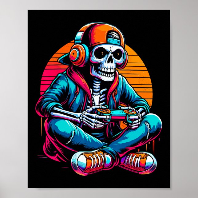 Poster Halloween Skeleton Gamer Video Gaming  (Frente)