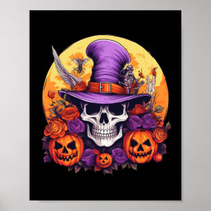 Poster Halloween Skeleton Purple Hat Orange Belt Floral B