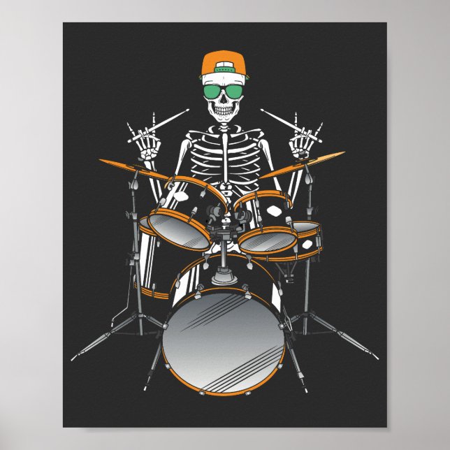 Poster Halloween Skeleton Rock Hand Jogando Tambores (Frente)