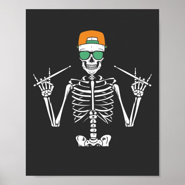 Poster Halloween Skeleton Rock Hand Jogando Tambores (Frente)
