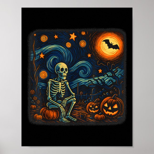 Poster Halloween Skeleton Starry Night Van Gogh Pumpkin (Frente)