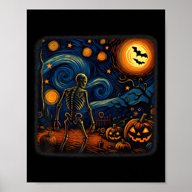 Poster Halloween Skeleton Starry Night Van Gogh Pumpkin M (Frente)