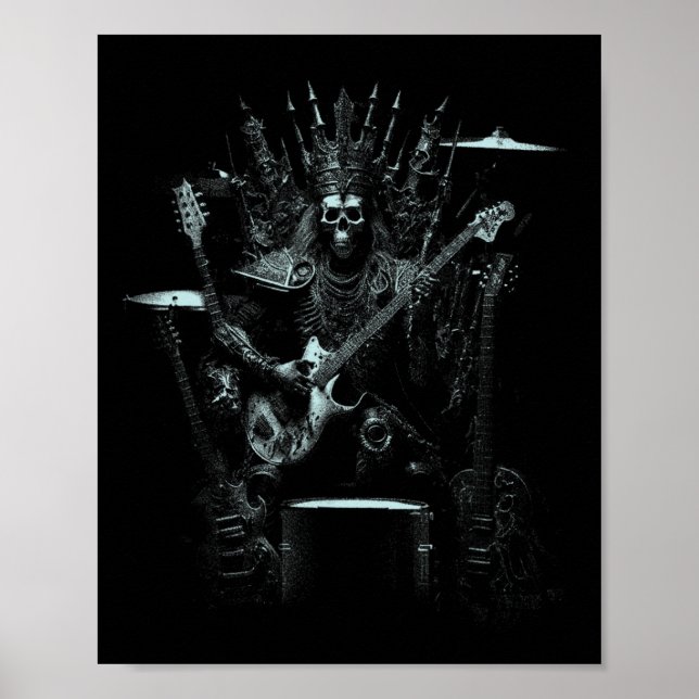 Poster Halloween Skeleton Tocando Guitarra Throne Rock E (Frente)
