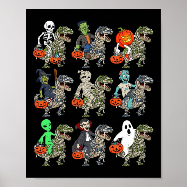 Poster Halloween Skeleton Zombie Andando Mummy T Rex Vamp (Frente)
