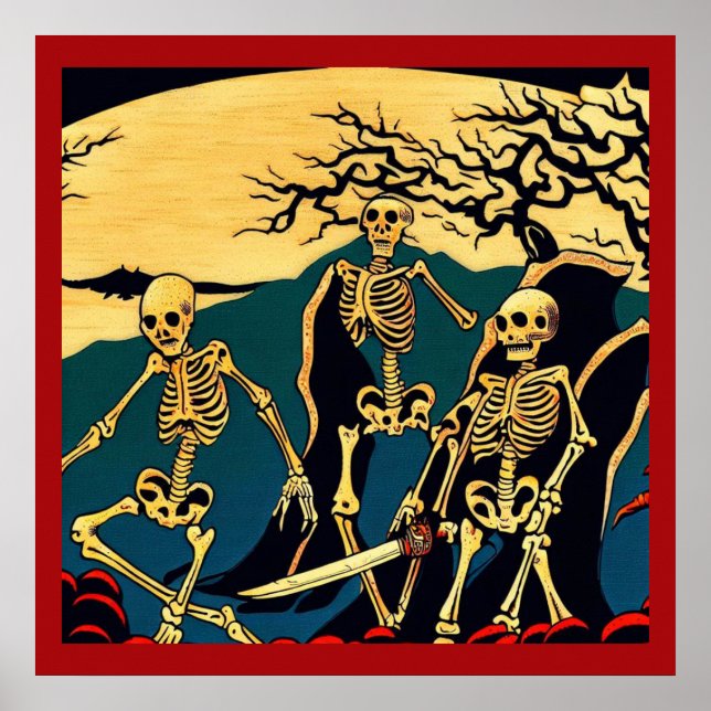 Poster Halloween - Skeletons Woodcut 4 (Frente)