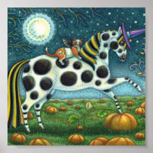 Poster HALLOWEEN SPONTTED PONY & BAT CAT Fantasy Horse