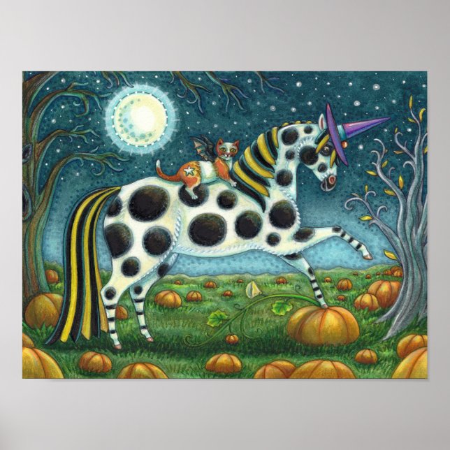 Poster HALLOWEEN SPONTTED PONY & BAT CAT Fantasy Horse (Frente)
