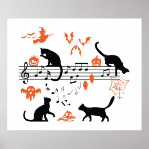 Poster Halloween Spooky and Scary Cats Playing Music Note
