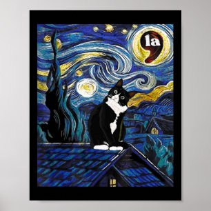 Poster Halloween Starry Night Tuxedo Cat Comma La Kamala