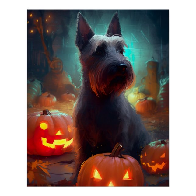 Pôster Halloween Terrier Escocês Com Abóboras Assustador (Frente)