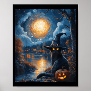 Poster Halloween Van Gogh Noite Estrelada Gato Preto Abób