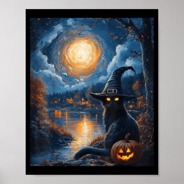 Poster Halloween Van Gogh Noite Estrelada Gato Preto Abób (Frente)