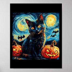 Poster Halloween Van Gogh Noite Estrelada Gatos Pretos Ab
