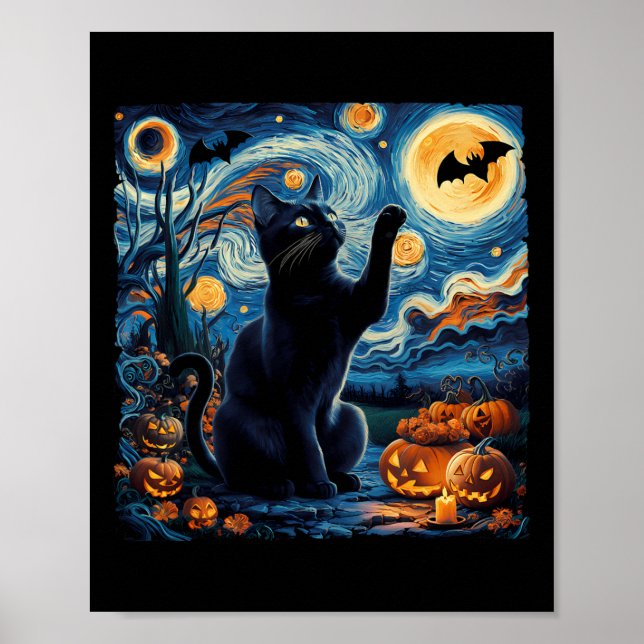 Poster Halloween Van Gogh' StarNight Black Cat Pumpkin (Frente)