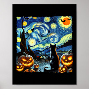 Poster Halloween Van Gogh Starry Night Black Cat