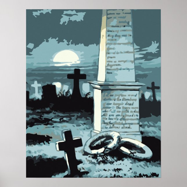 Pôster Halloween Vintage, Cemitério Assustador com Túmulo (Frente)
