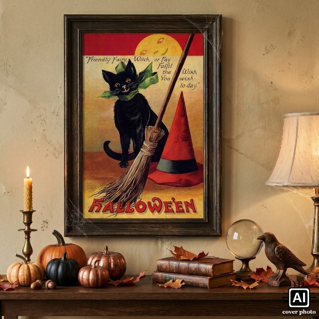Poster Halloween Vintage por Ellen Clapsaddle, Gato Preto (Vintage illustration Halloween design featuring a black cat with a witch's hat and broomstick.)