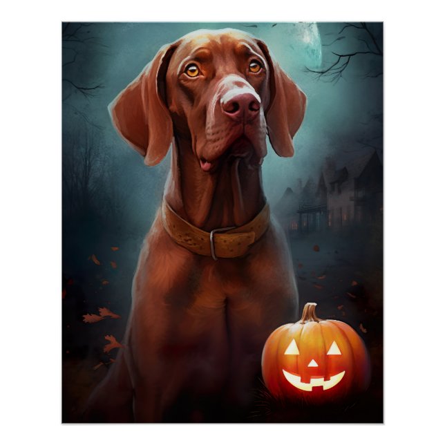 Pôster Halloween Vizsla Com Pumpkins Assustado (Frente)