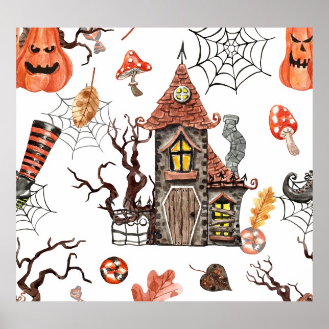Poster Halloween Watercolor: Padrão De Casa Assombrada. (Frente)