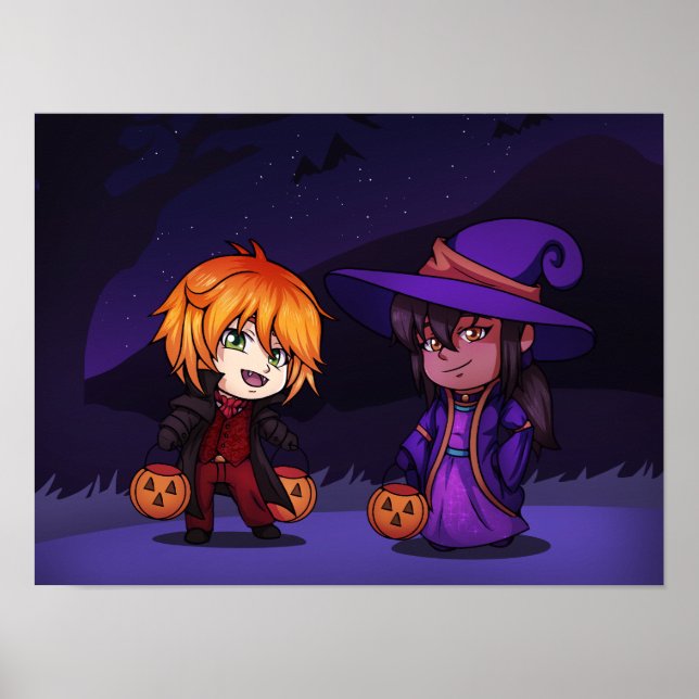 Poster Halloween Witch e Vamire Chibi (Frente)